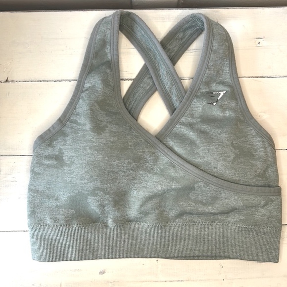 Gymshark Adapt Seamless Camo Light Green Criss Cross Sports Bra Sz Small
